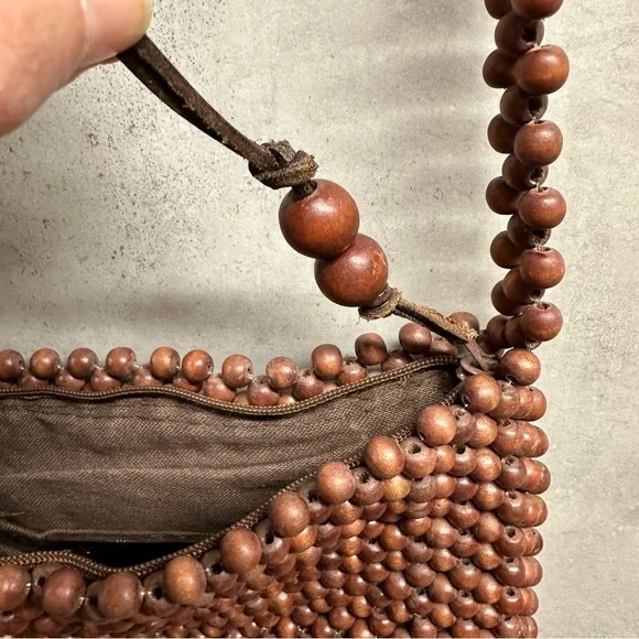 Classiques Entier‎ Wooden Beaded Small Purse Bag Brown Crossbody Boho Zip - Picture 4 of 12
